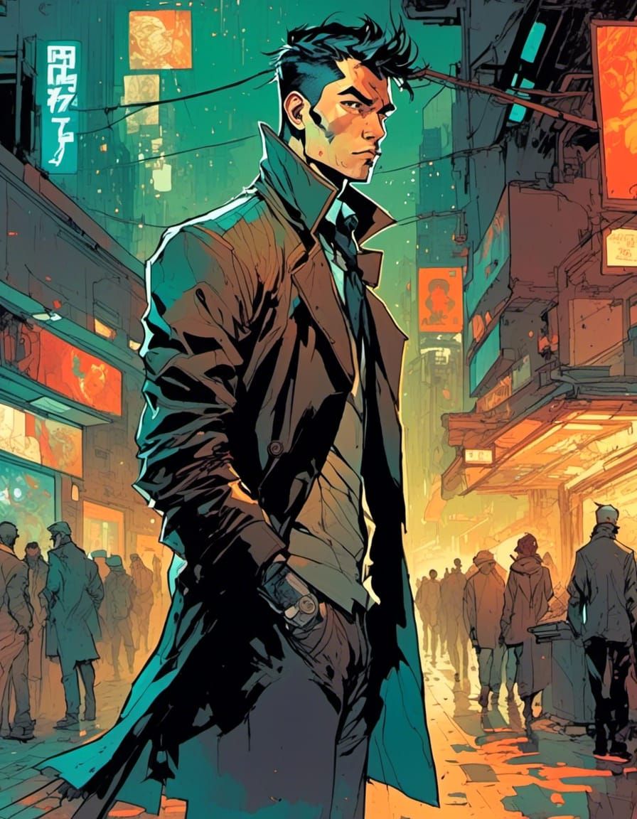 Cyberpunk Detective in Neon-Lit Space Station