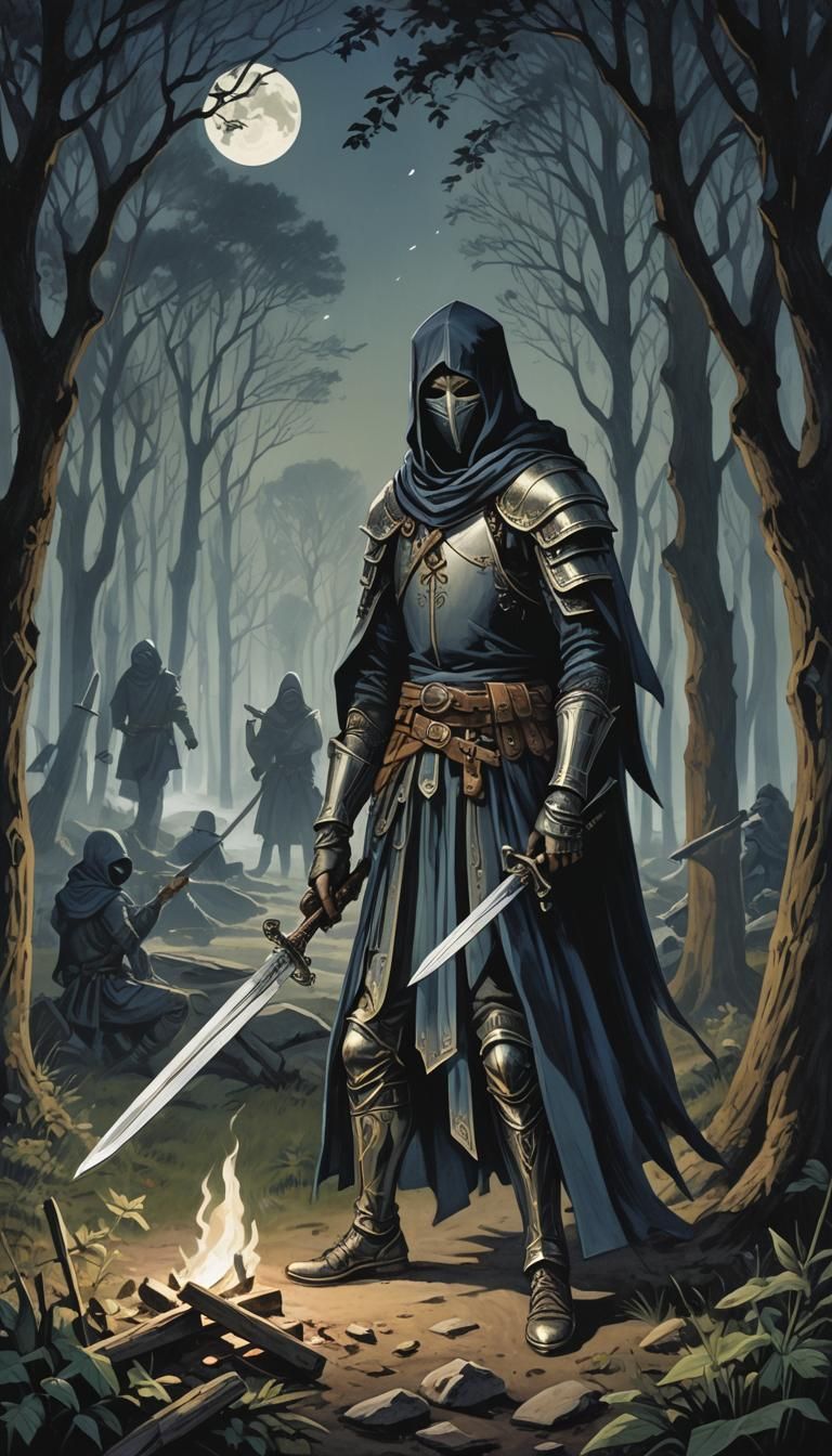 Seven of Swords Card: Masked Figure in Moonlight