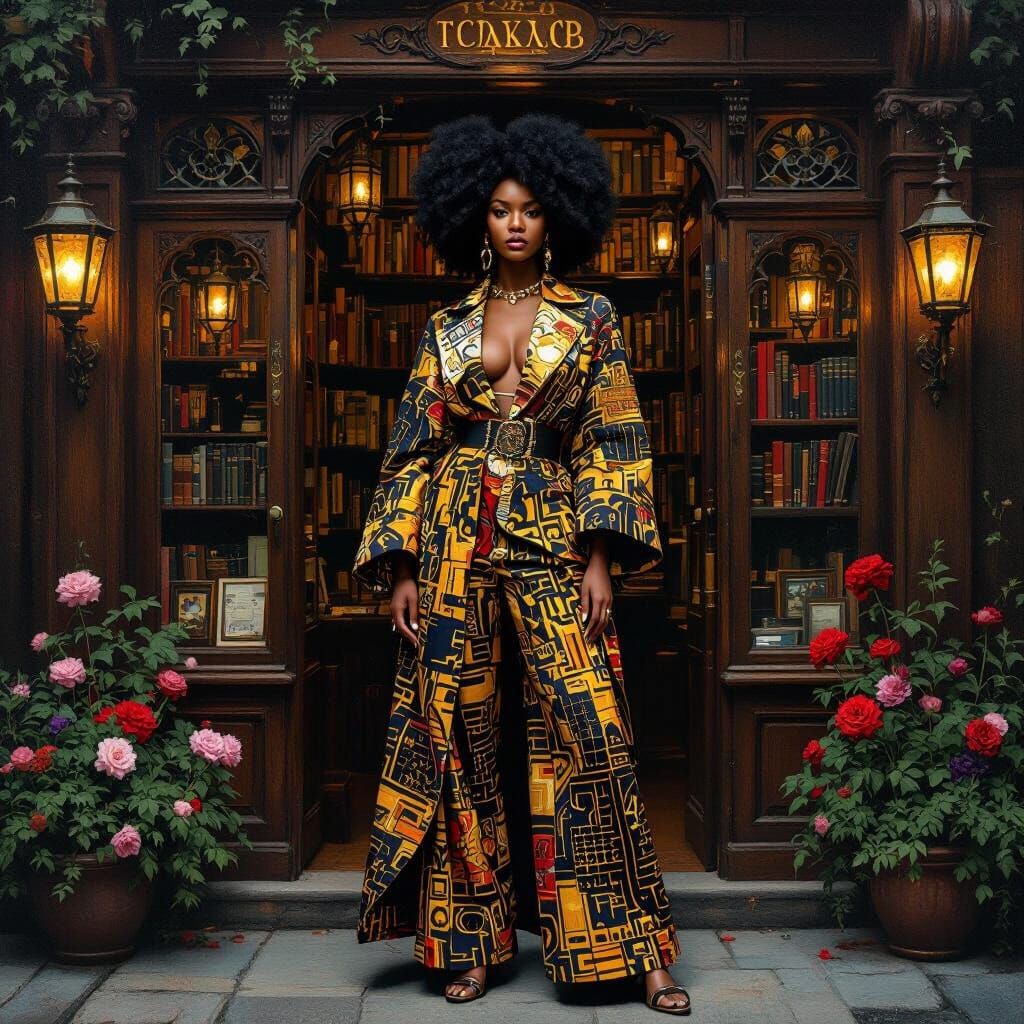 Woman in Afrocentric Style Outside Ornate Bookshop
