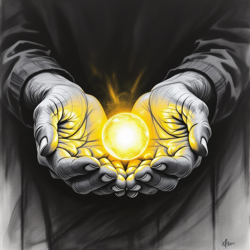 Hands Holding Light Orb: Charcoal Drawing