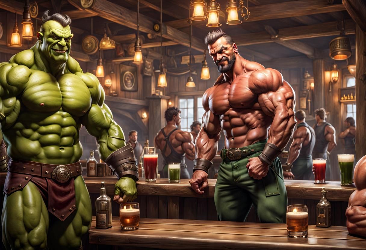 Fantasy Orc Bodybuilder in Tavern: Wide Shot