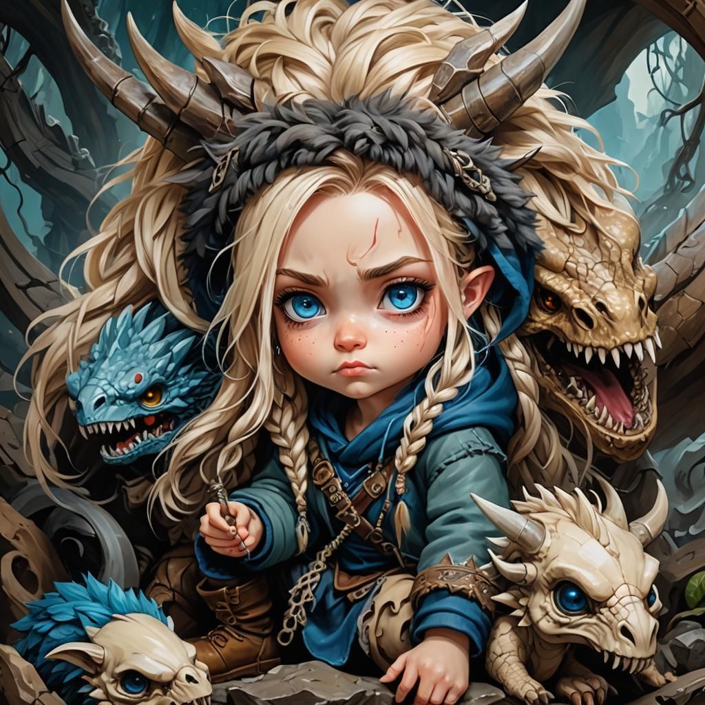 Chibi Barbarian Girl on Dragon Skull, Oil Painting