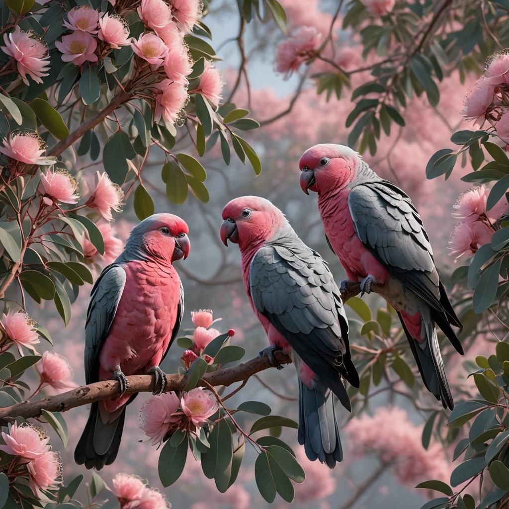 Galahs Preening on Eucalyptus Branch: Detailed Digital Paint...
