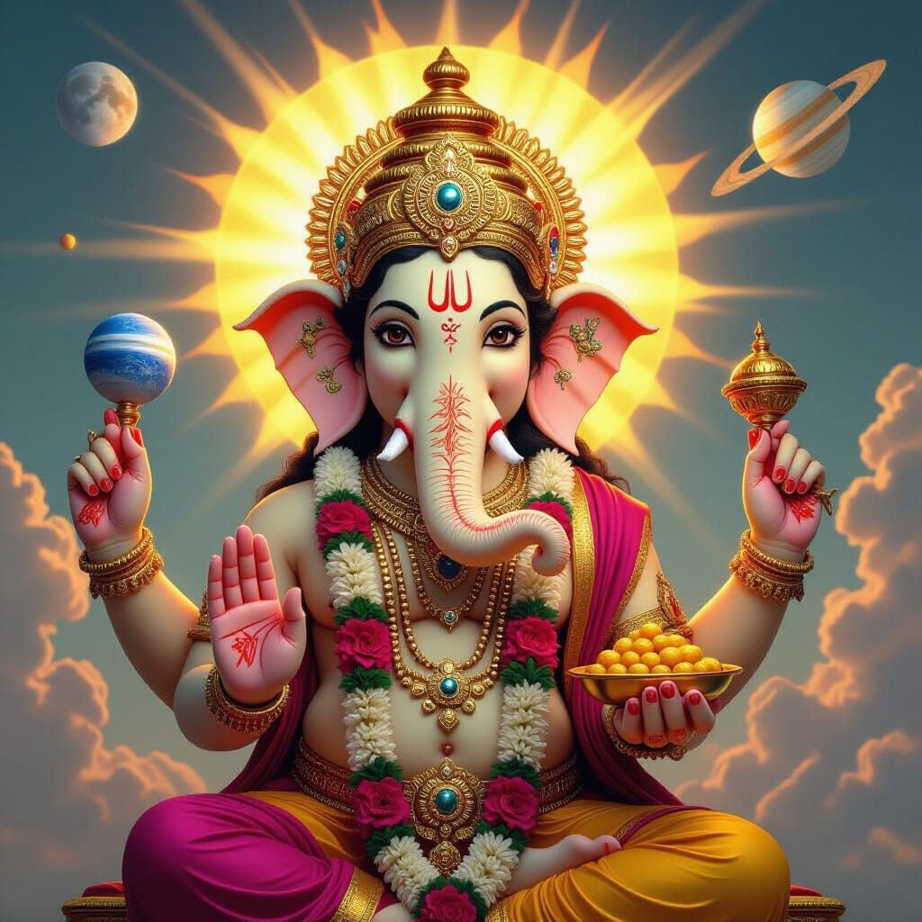Majestic Ganesha Holding Planets in Hyperrealistic Style