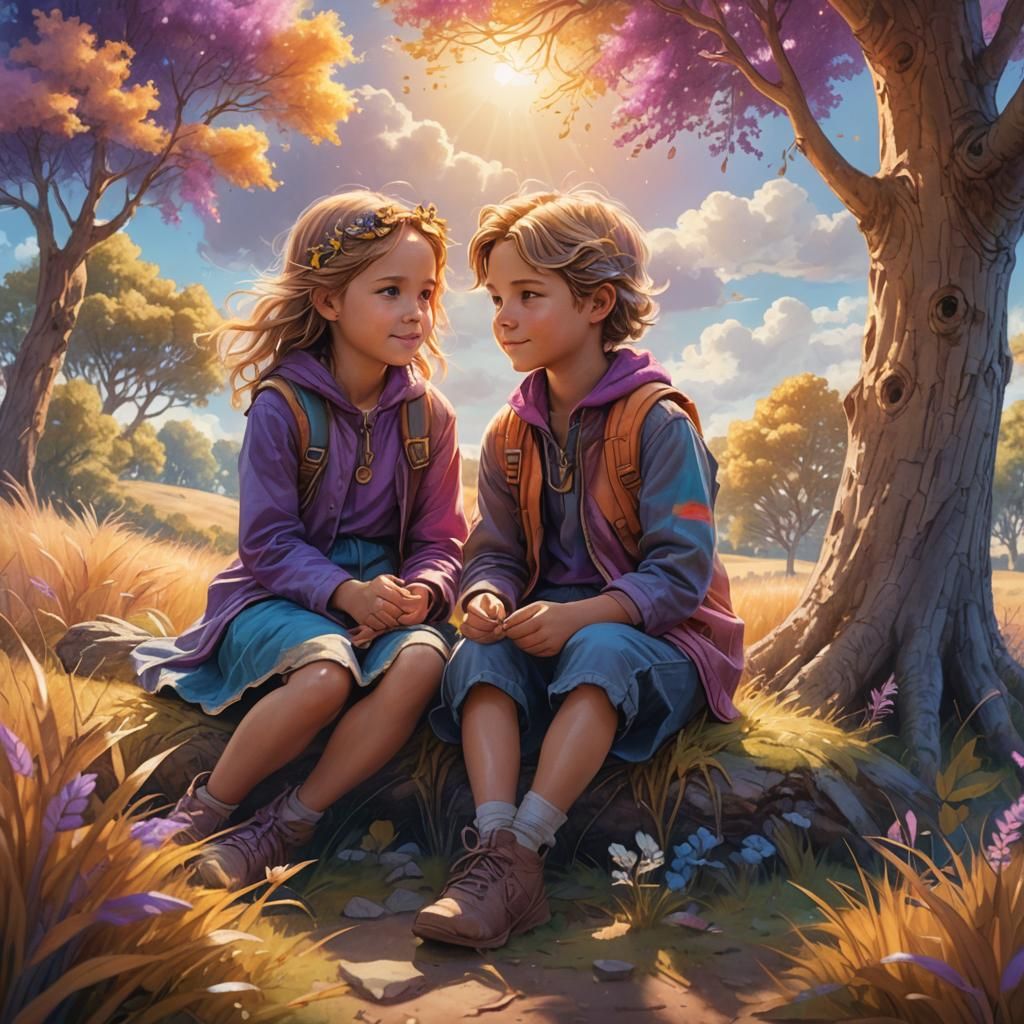 Children in Nature: Whimsical Pencil Illustration