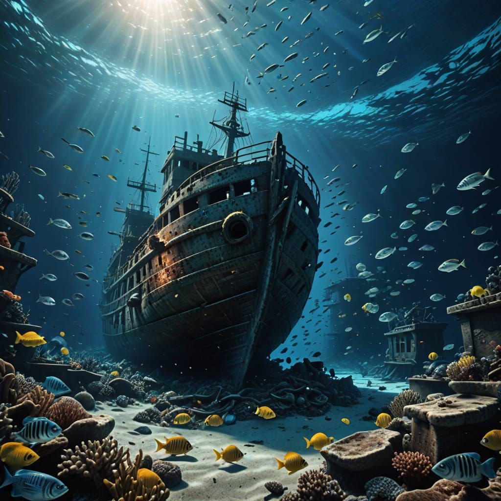 Underwater Shipwreck Scene with Fish, HDR Photography