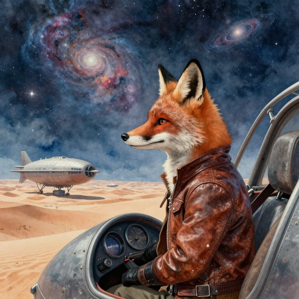Fox Pilot Gazes at Starry Desert from Airship Cockpit