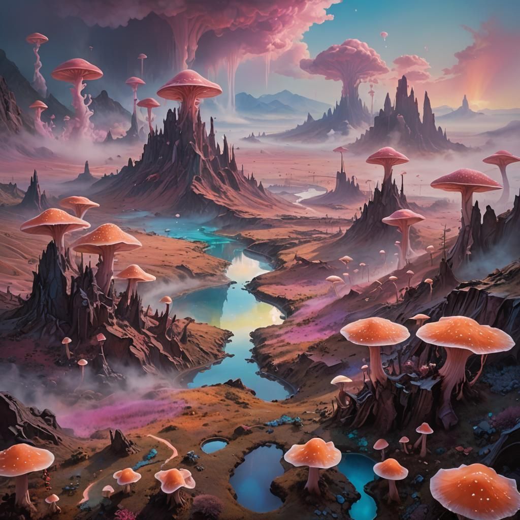 Surreal Alien Landscape with Glowing Mushrooms