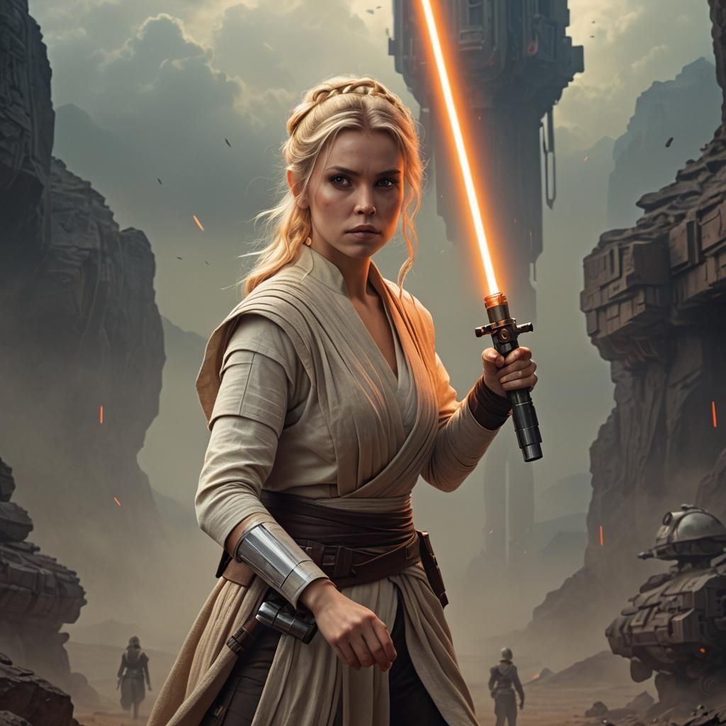 Blonde Female Jedi with Orange Lightsaber