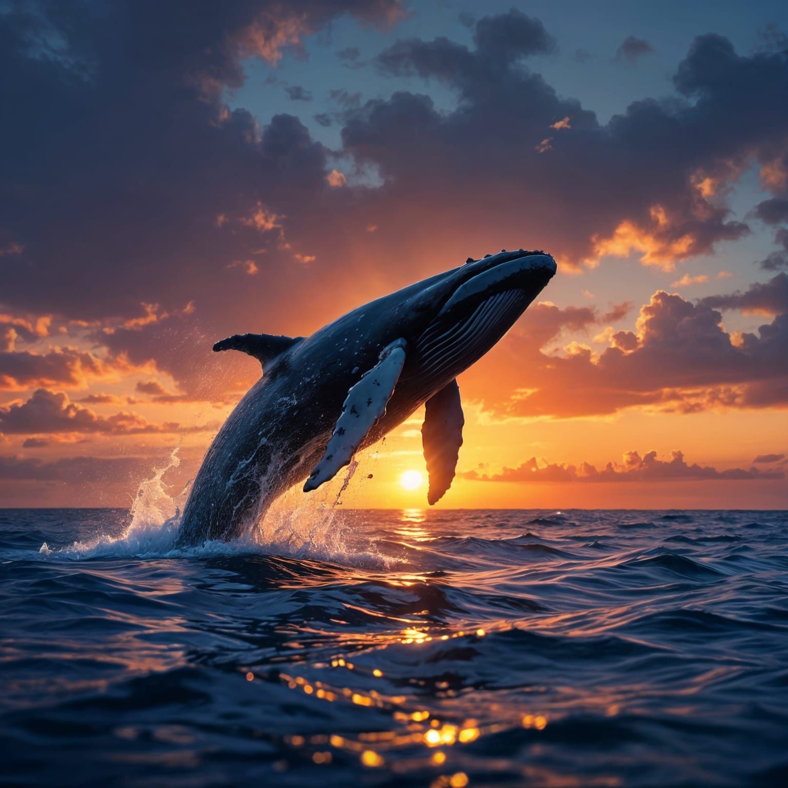 Humpback Whale Breaching at Sunset in Bioluminescent Waters