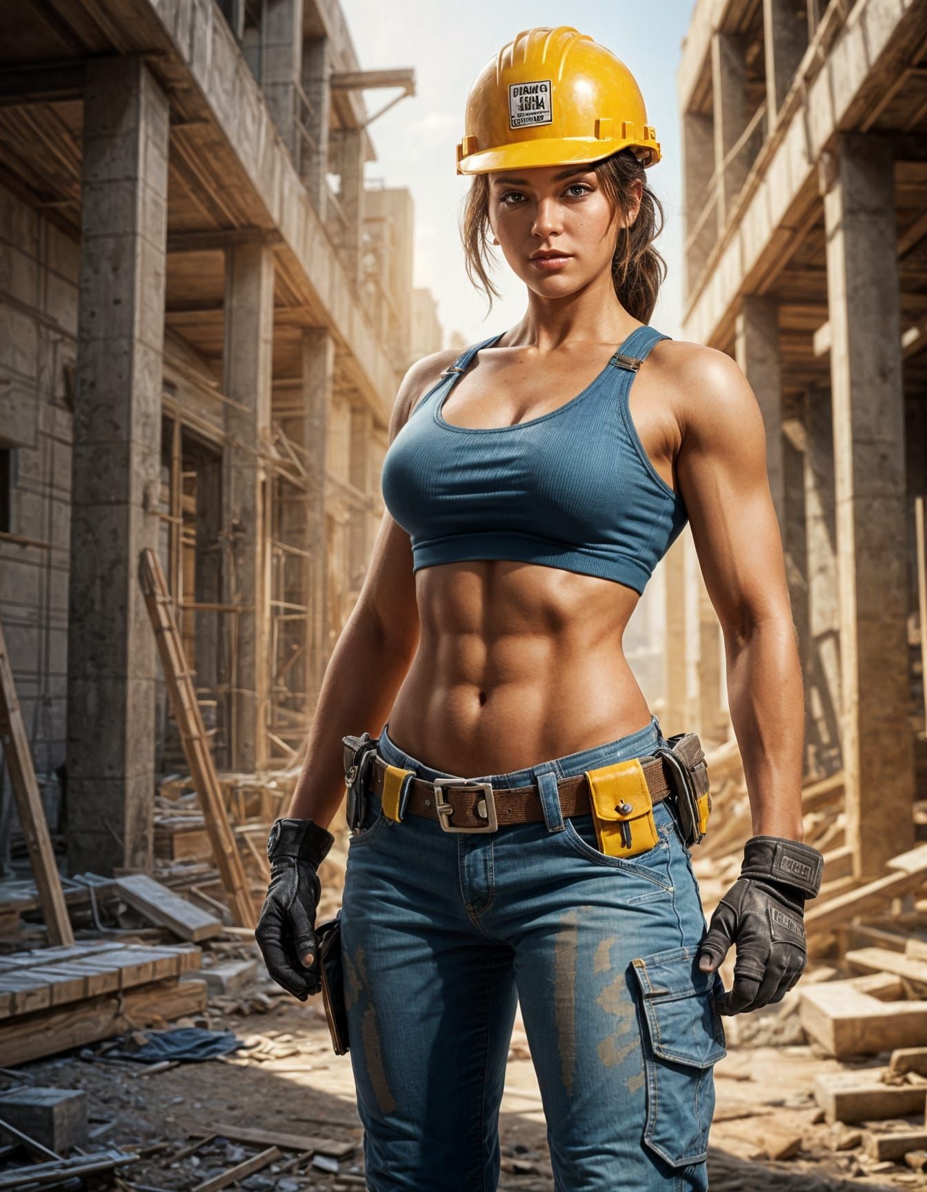 Sultry Construction Goddess in Vibrant Oil Illustration