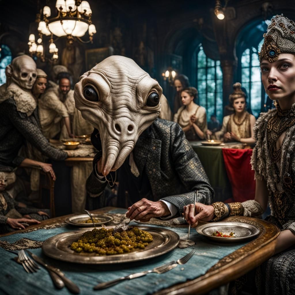 Surreal Alien Restaurant Celebration in Gritty Detail