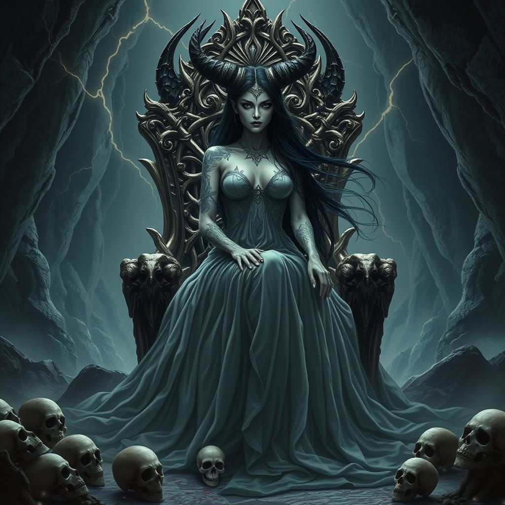Demon Queen on Bone Throne: Dark Fantasy Art