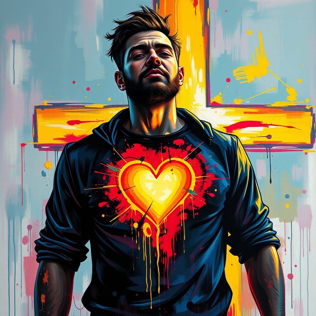 Man with Glowing Heart in Graffiti Street Art Style
