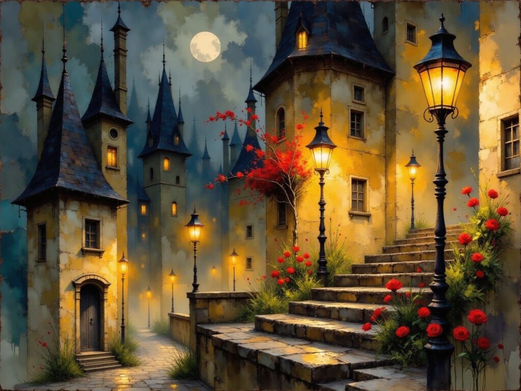 Floral Stairway: Expressive Watercolor Painting