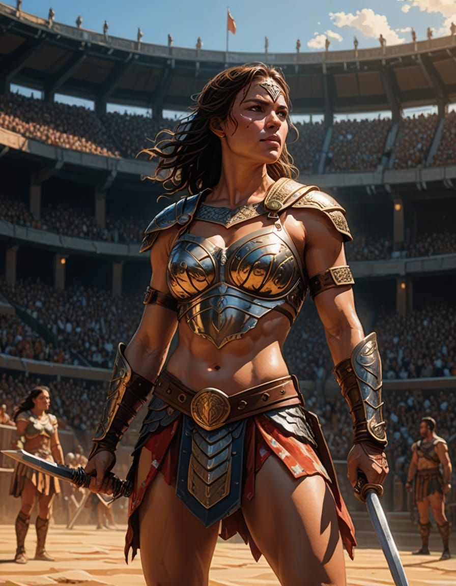 Dramatic Female Gladiator in Arena