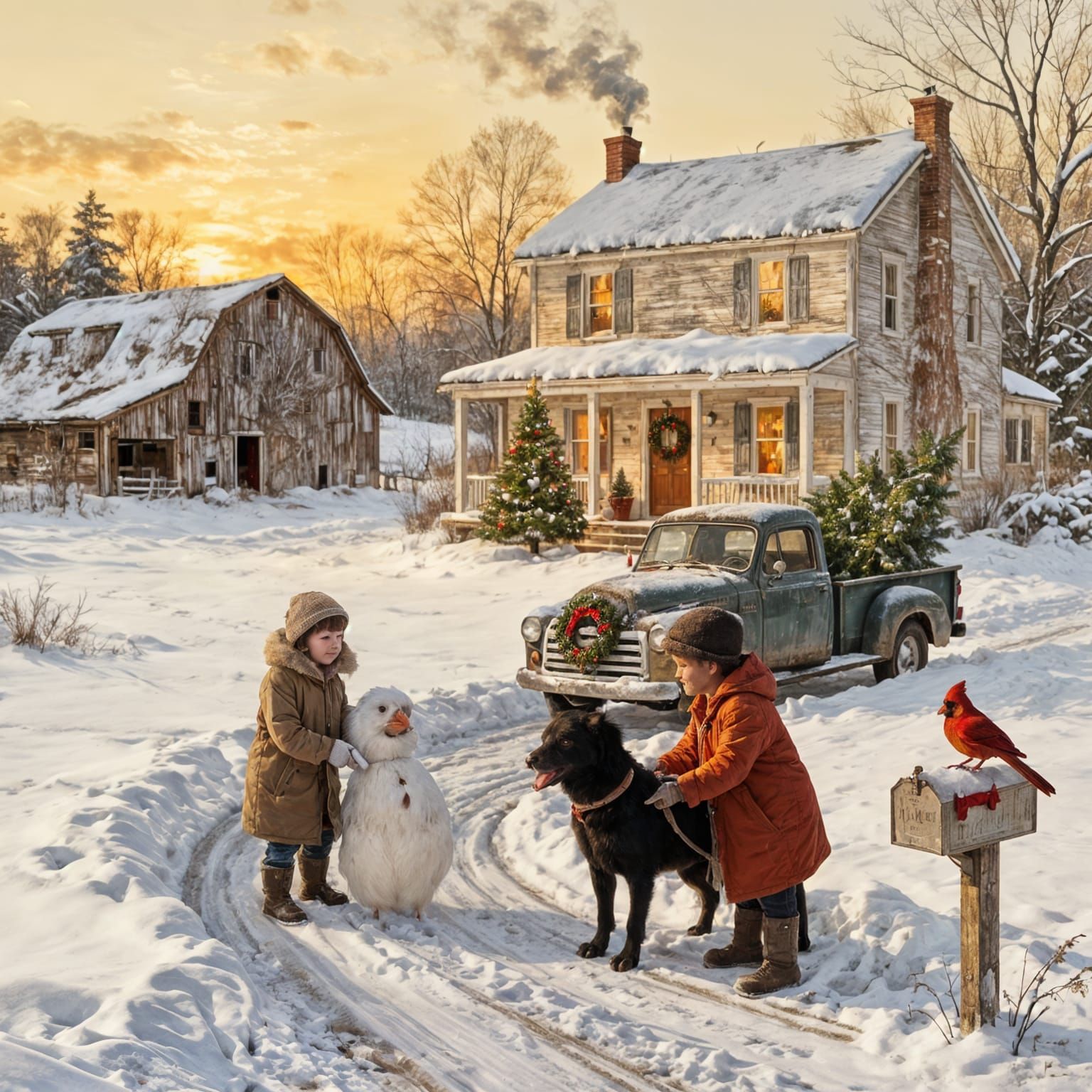 Cozy Winter Home with Vintage Truck and Cardinal