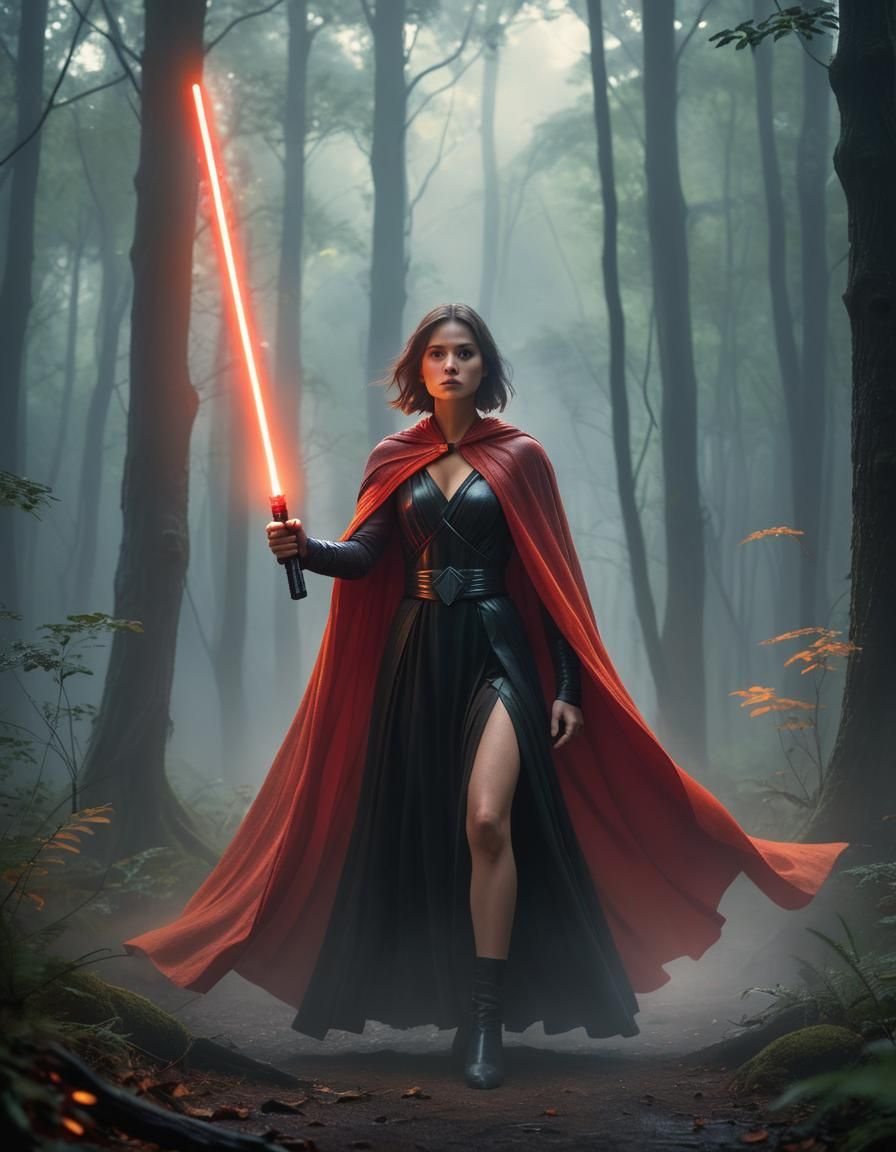 Fierce Woman Wields Lightsaber in Misty Forest