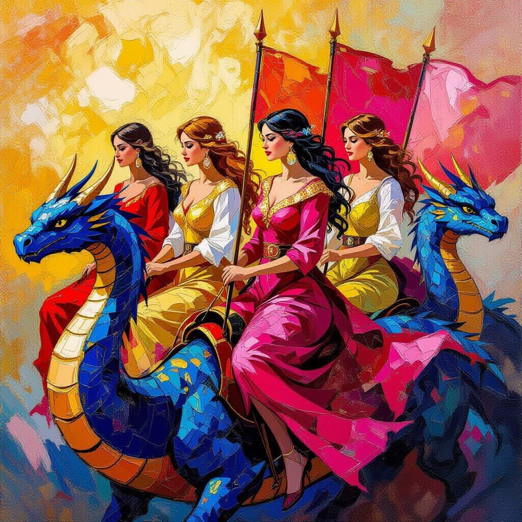 Women Dragon Riders in Gold Red Pink on Blue Dragons
