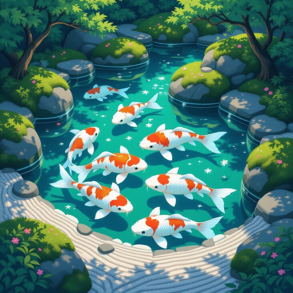 Bioluminescent Koi in Japanese Garden, Dreamy Style