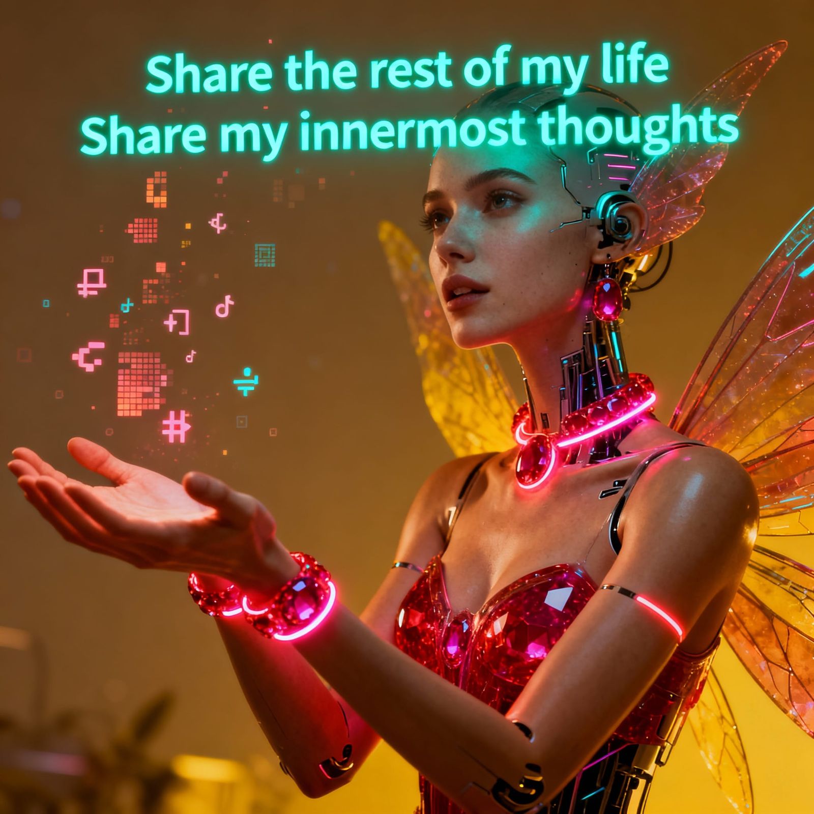 Vibrant Cyber Fairycore Portrait with Neon Ruby Accents