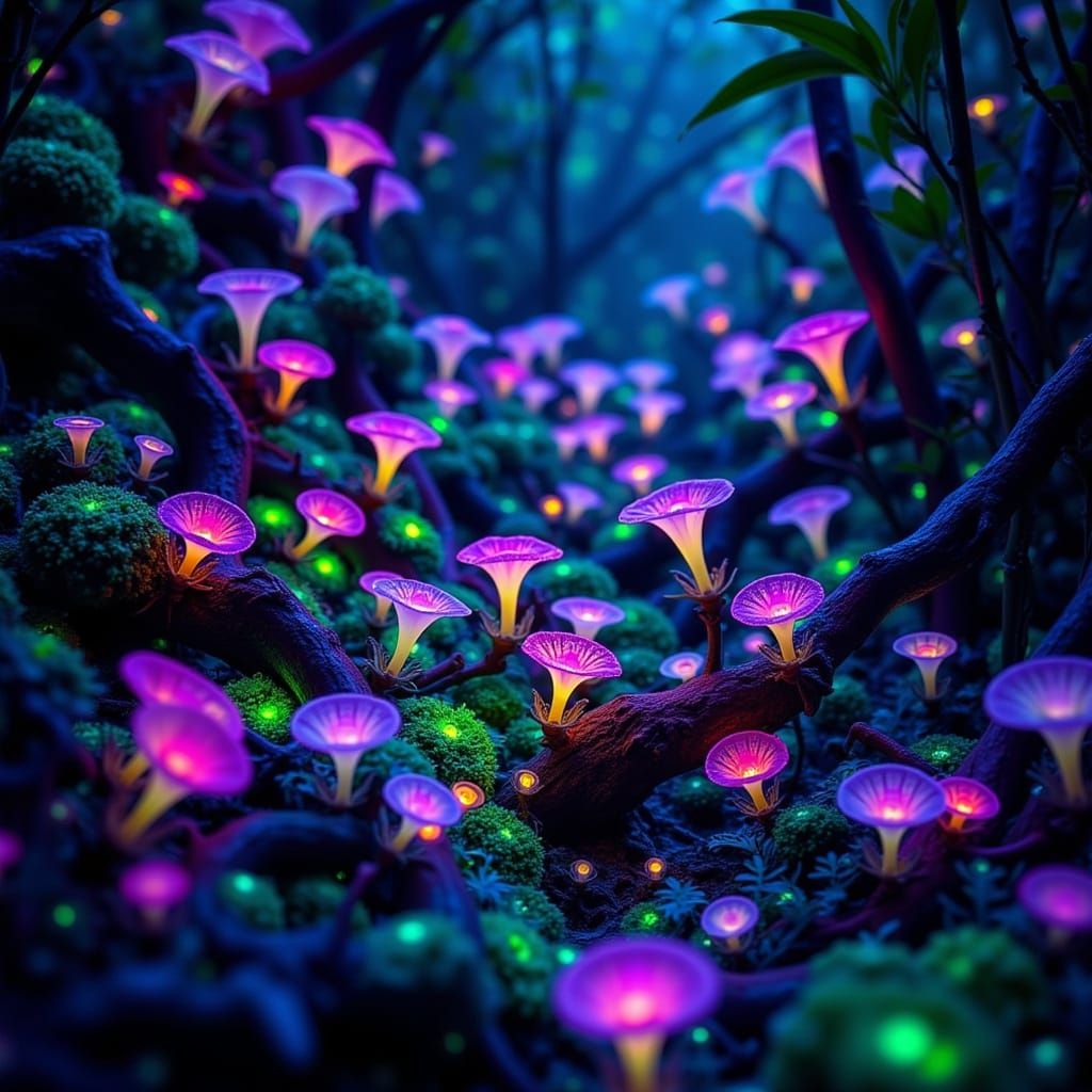 Bioluminescent Jungle Flora with Iridescent Frogs