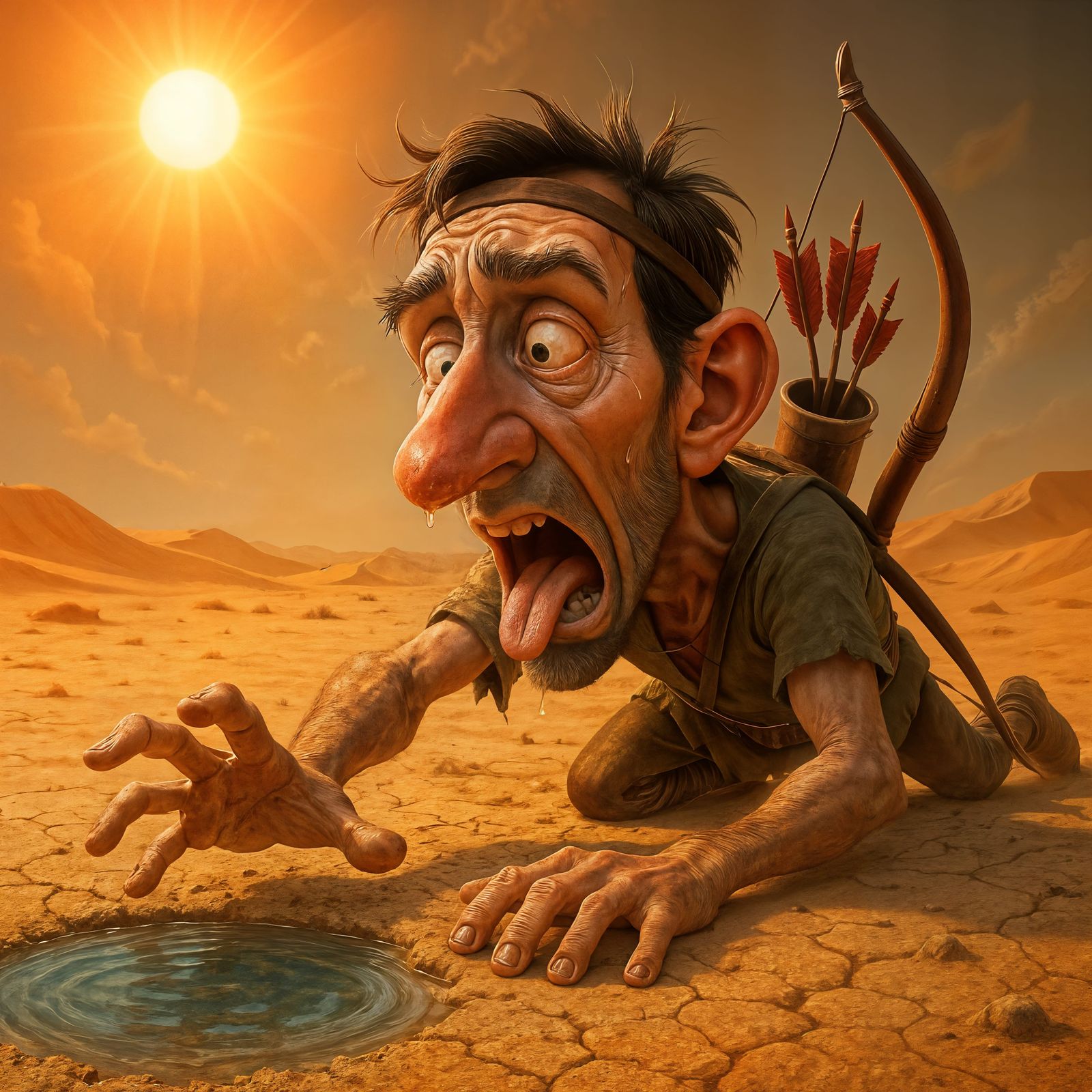 CGI Archer Caricature Struggles with Thirst in Desert