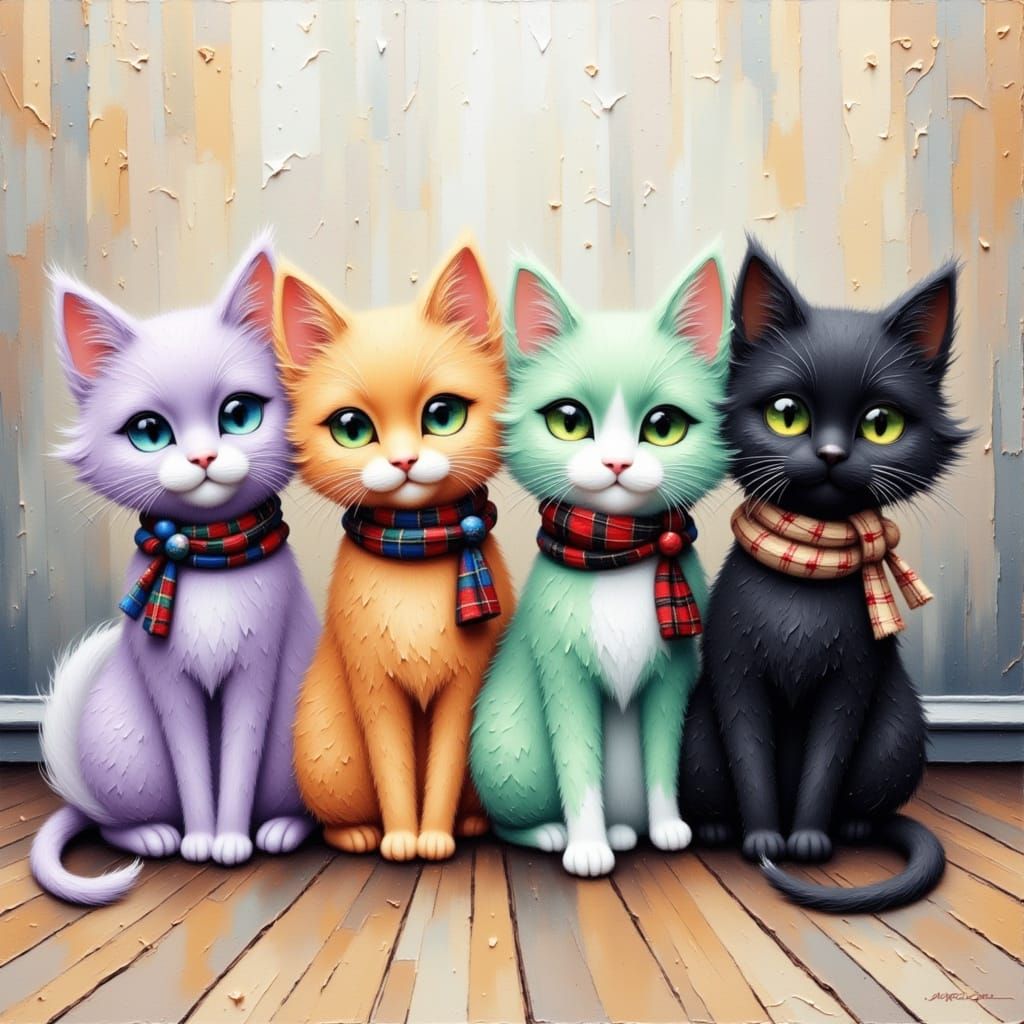 Whimsical Cats in Scarves as Watercolor Painting