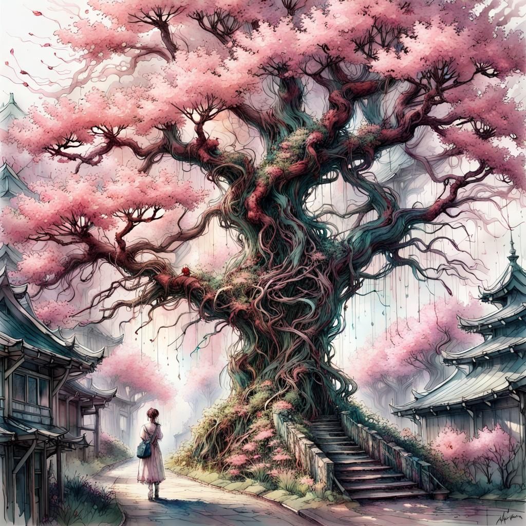 Cherry Blossom Garden: Detailed Matte Painting in Japan