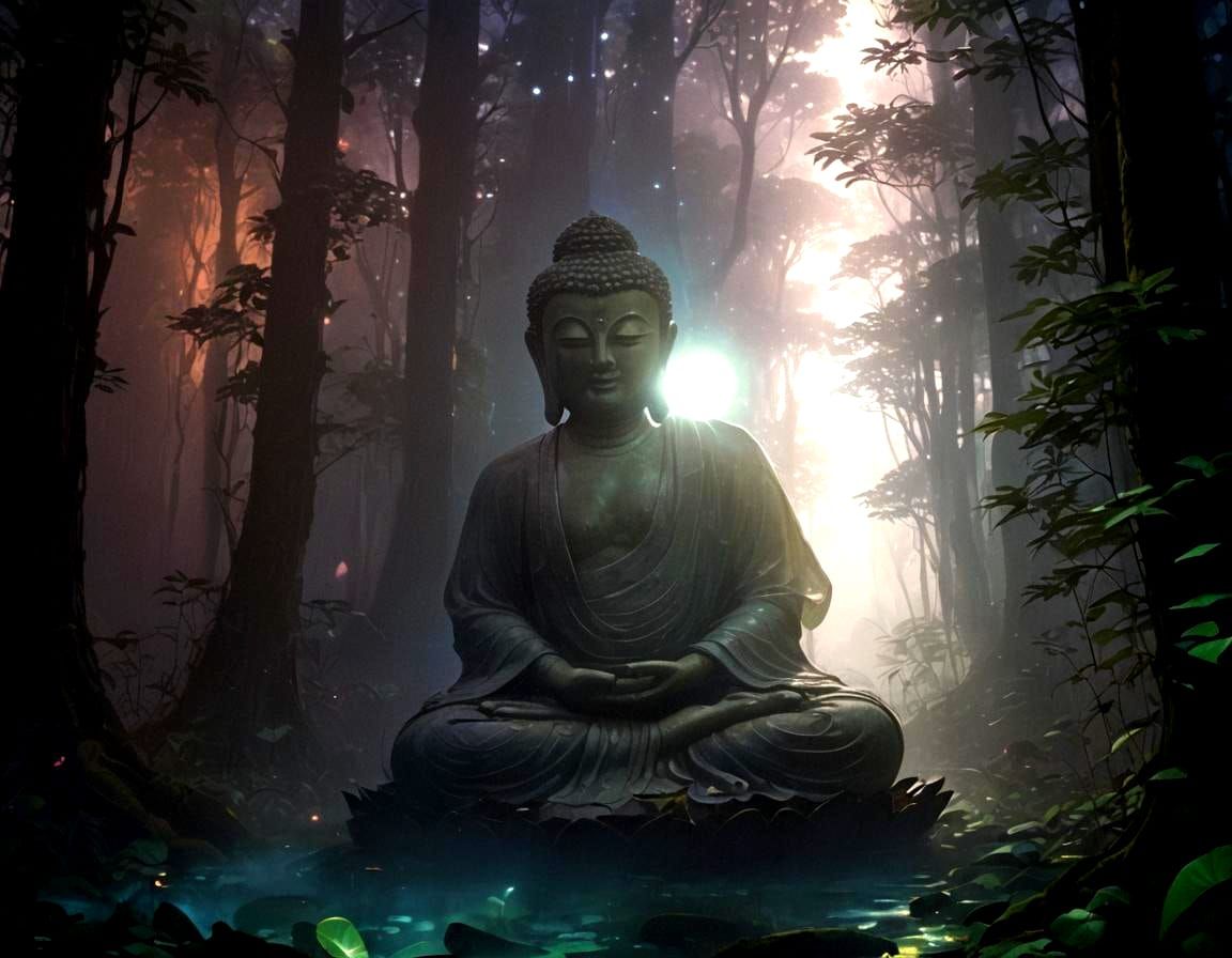 Luminous Buddha in Dark Forest Night