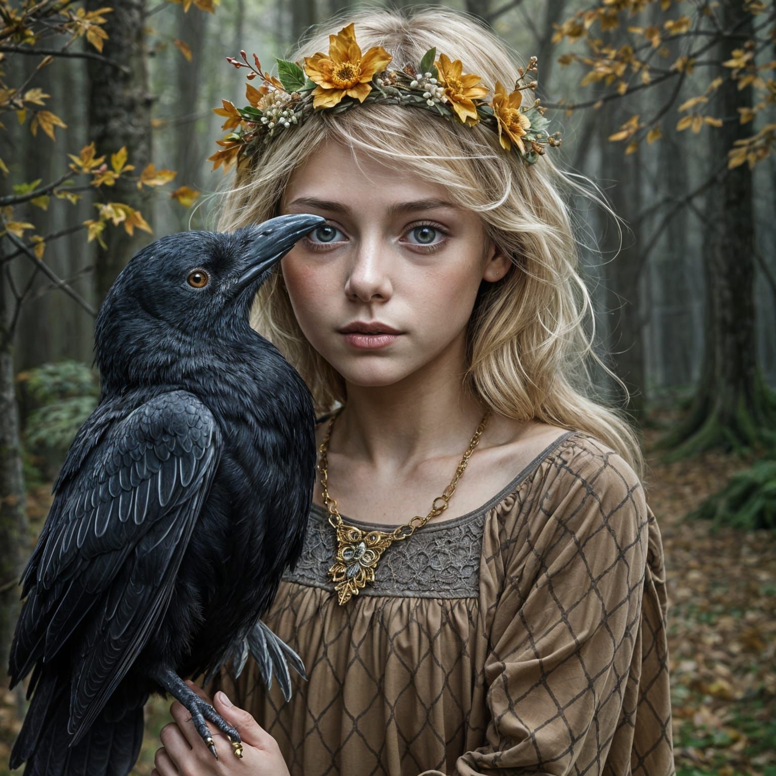 Girl with Raven in Autumn Forest, Art Nouveau