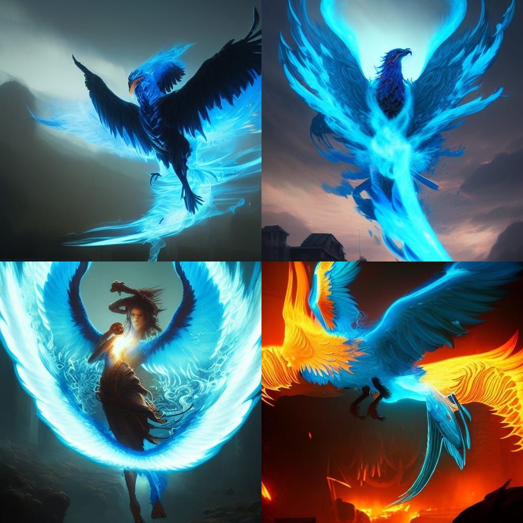 Flaming Blue Phoenix in Dark Fantasy Style
