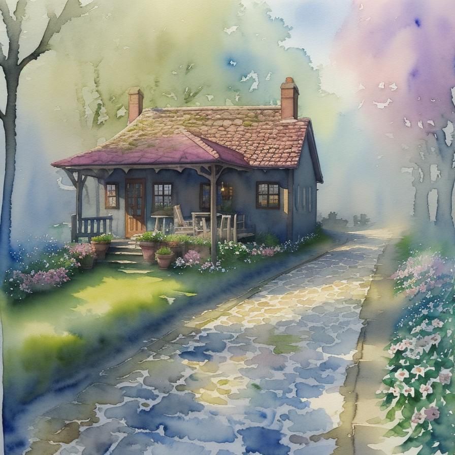Watercolor Restaurant in Spring Forest After Rain