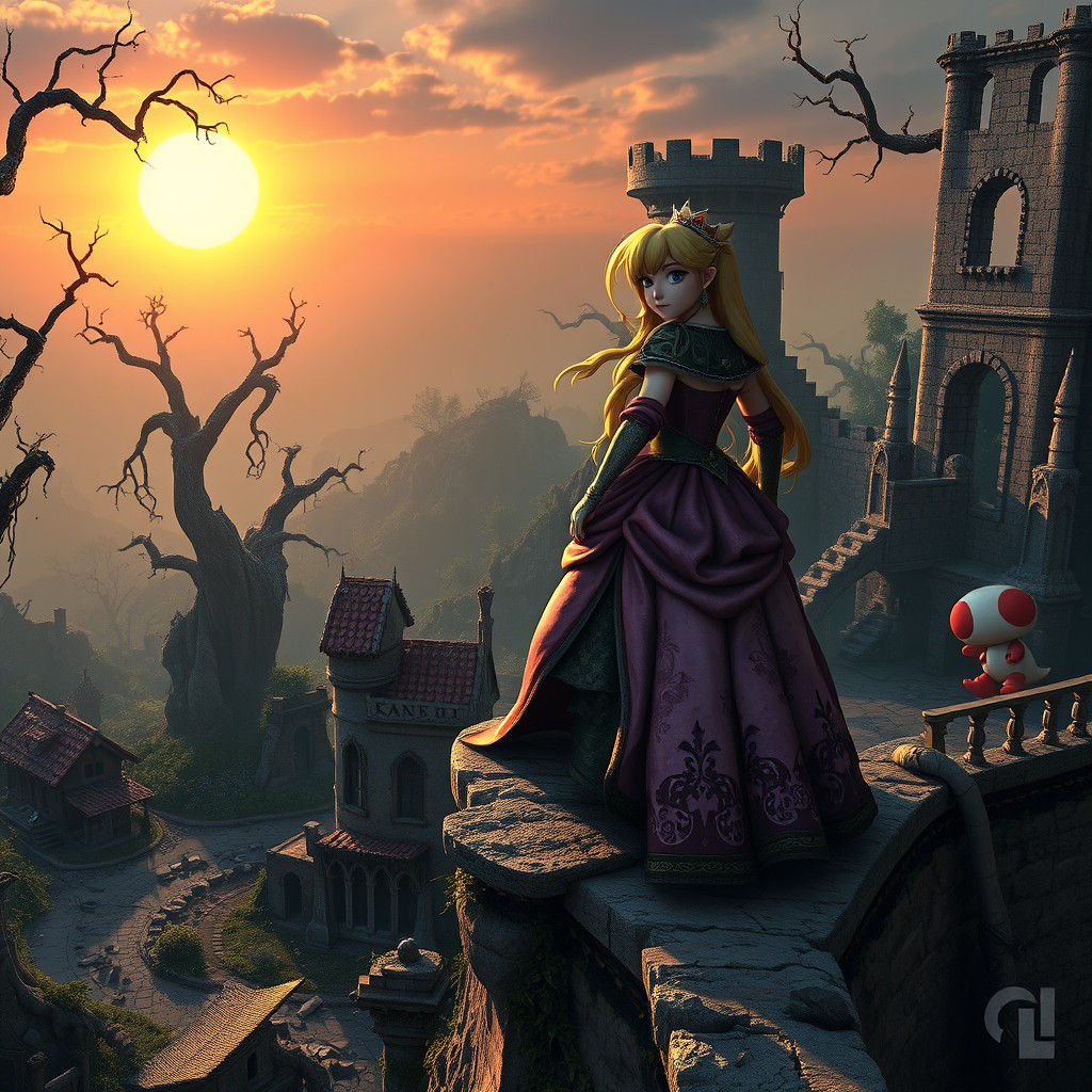 Princess Peach and Yoshi in Dark Fantasy Wasteland