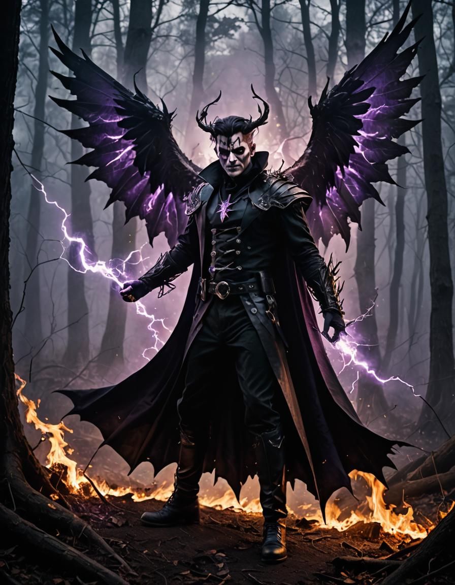 A Dark, Evil Fire Fairy, psychotic angry wearing Dark fantasy outfit
