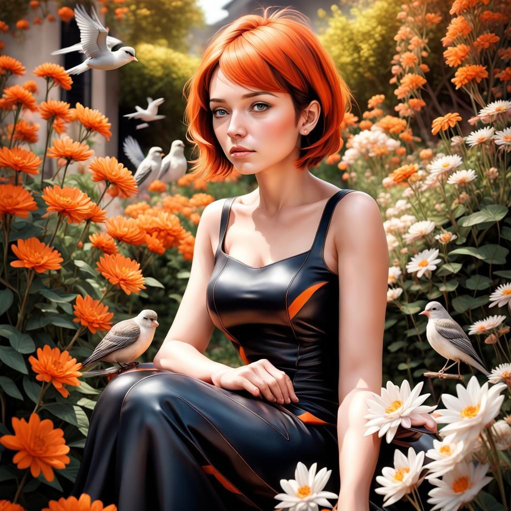 Woman in Orange Dress: Hyperrealistic Garden Scene
