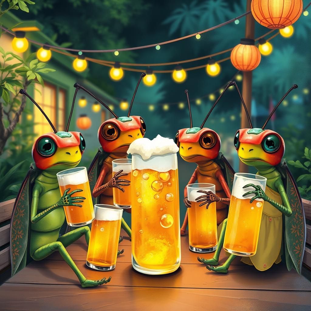 Cicadas Enjoying Beer, Miyazaki-Inspired Digital Illustratio...