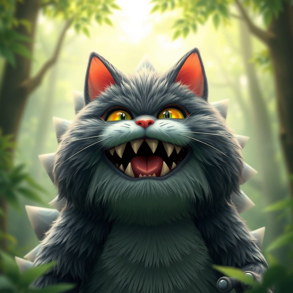 Cyberpunk-Style Anime Kitty Unleashes Fury in a Green Forest