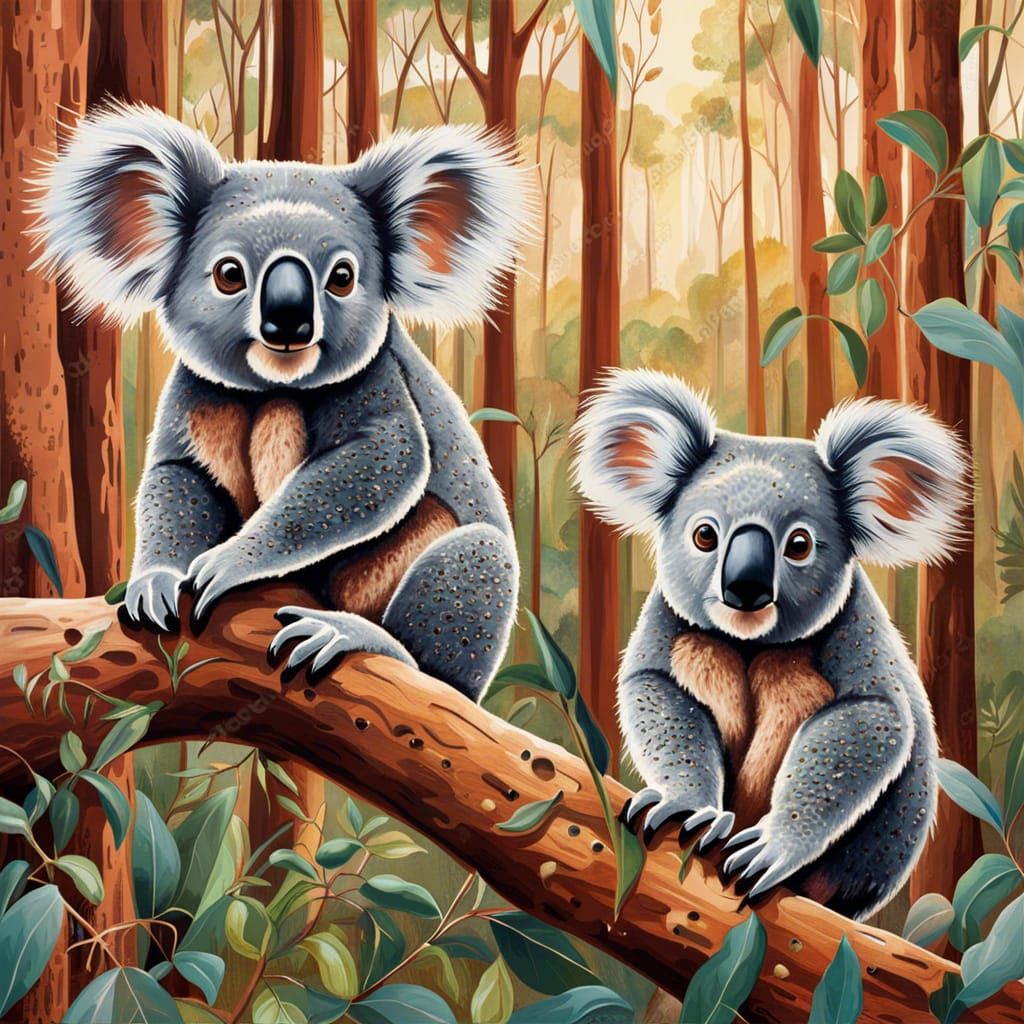 Koalas in Eucalyptus Forest, Aboriginal Rock Art
