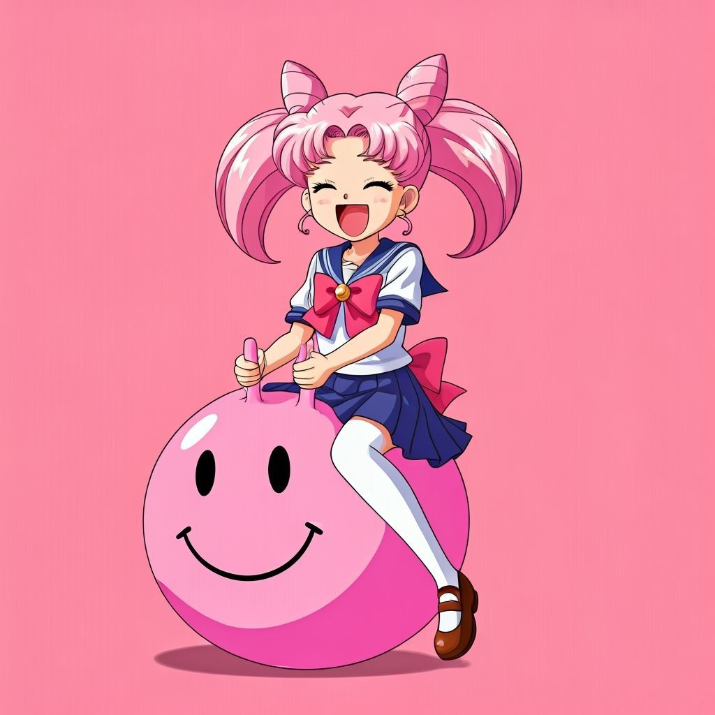 Chibiusa Bouncing on Pink Hopper Ball in Anime Style