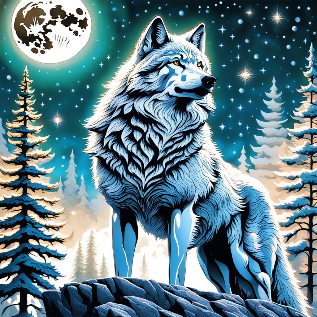 Majestic Wolf Howling at Moon in Airbrush Art