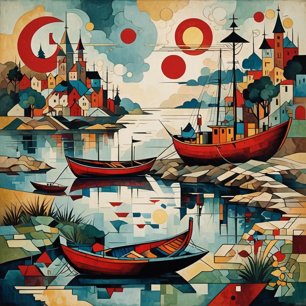 Cozy Red Boat in Geometric Fauvism Style