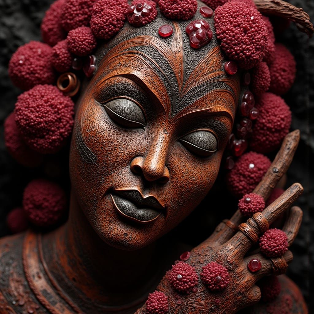 <lora:Winza Rubies:1.0> An ornate detailed wooden mask adorn...