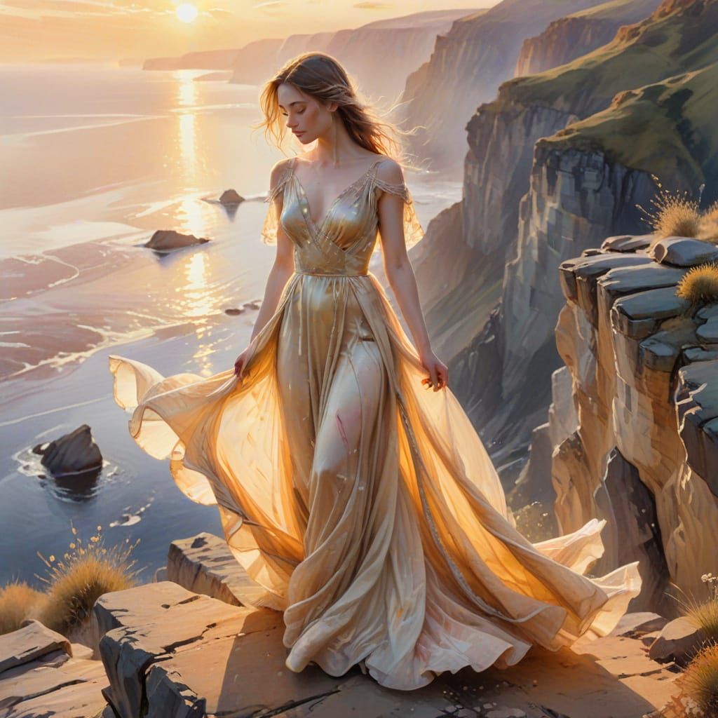 Woman in Flowing Gown on Precipice in Watercolour Style