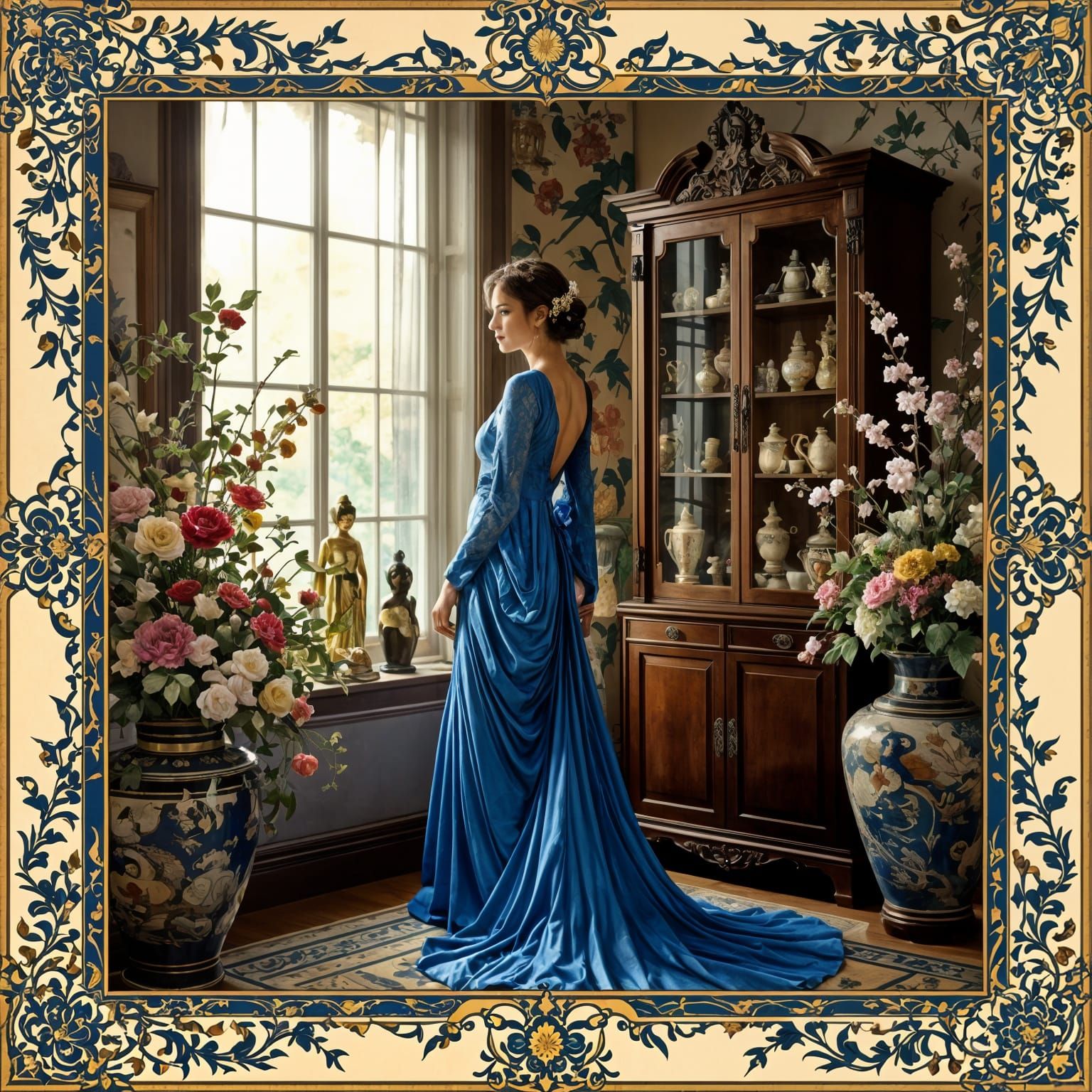 Elegant Woman in Blue Dress Views Mystical Garden in Art Nou...