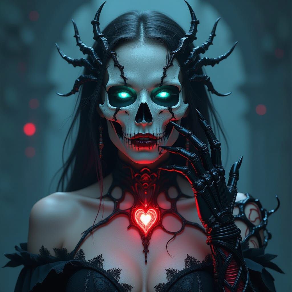 Gothic Cyber-Sorceress with Bone Mask and Biomechanical Tend...