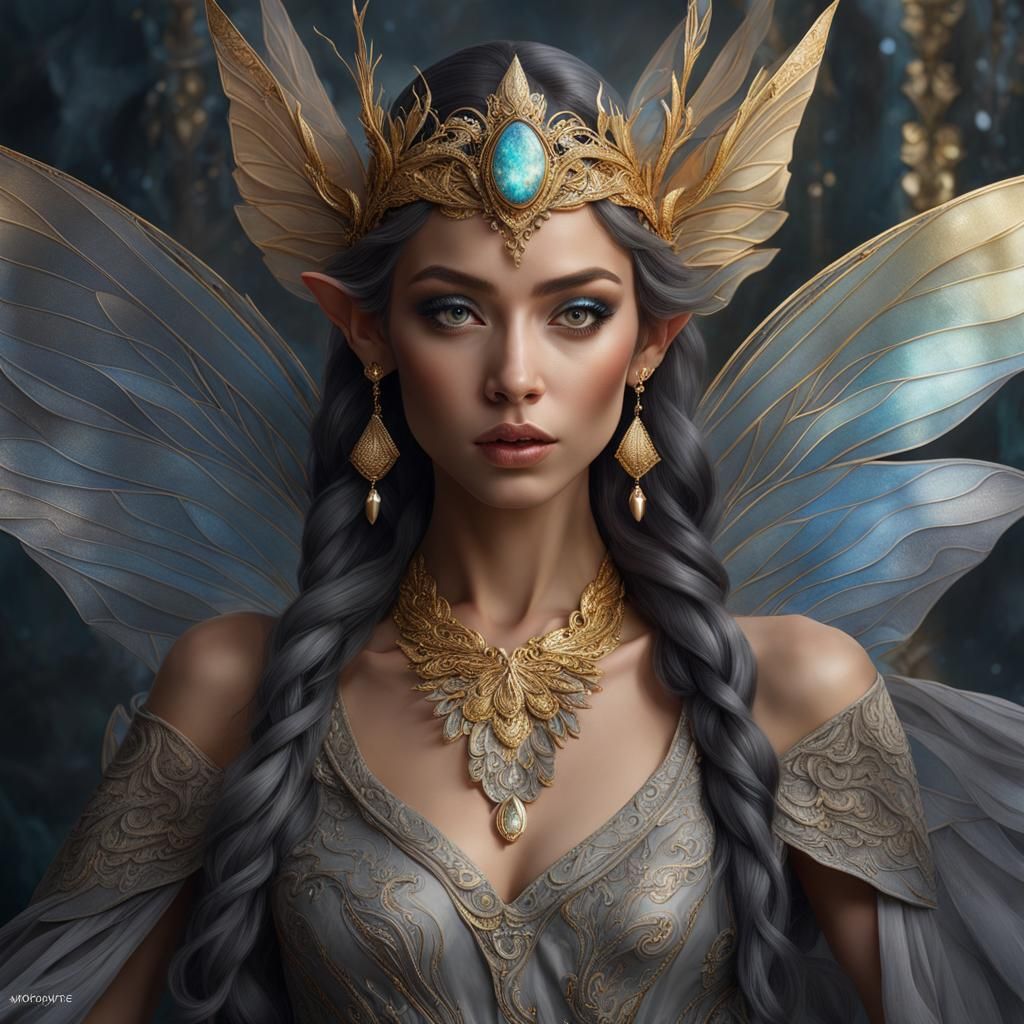 Hyperrealistic Fairy-Elf Portrait with Iridescent Wings