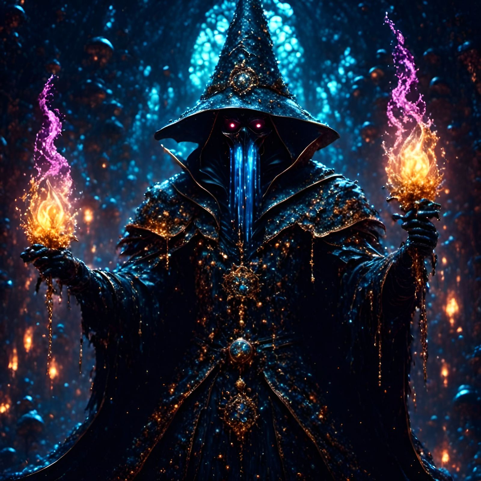 Ornate Black Wizard Holding Wand with Glowing Cloak