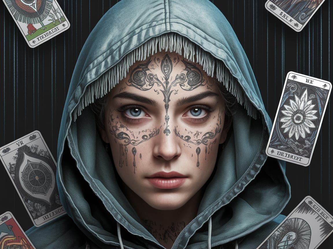 Mysterious Sage with Glitched Eyes and Raining Tarot Cards