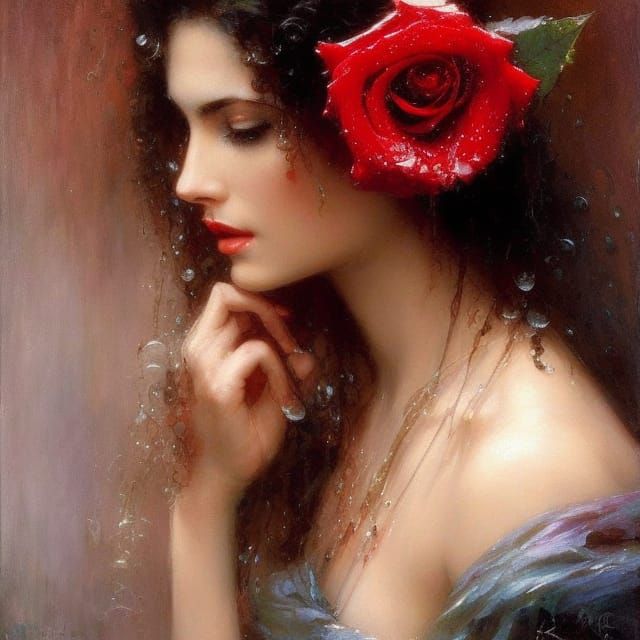 Romantic Portrait of a Wet Woman with Rose